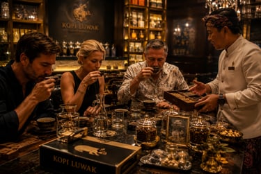 Customers enjoy a premium Kopi Luwak coffee tasting experience at a luxury cafe.