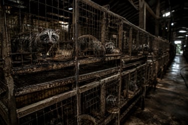 Asian palm civets kept in small wire cages at a kopi luwak coffee farm facility.