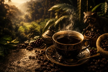 Steaming cup of Indonesian Kopi Luwak coffee with beans and civet in a lush tropical jungle setting.