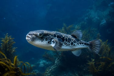 A spotted pufferfish swimming through deep blue ocean water near a coral reef.