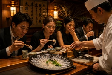 A group of friends eating fresh pufferfish fugu sashimi at a traditional Japanese sushi bar.