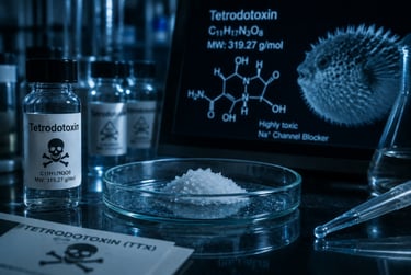 Tetrodotoxin chemical samples in a laboratory setting with a puffer fish diagram and molecular formula.