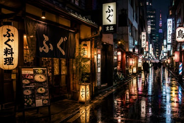 Rainy Tokyo street at night featuring traditional Japanese restaurants with glowing lanterns and neon signs.