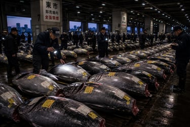 Wholesale buyers inspect large bluefin tuna at the Toyosu fish market in Tokyo during an early morning auction.