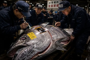 Professional fish buyers inspect a massive bluefin tuna at a Japanese wholesale seafood market auction.