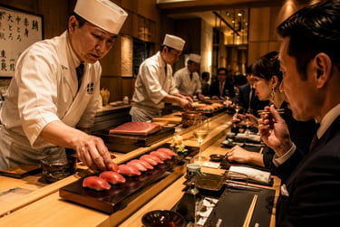 A skilled sushi chef prepares fresh nigiri for customers at a traditional Japanese sushi bar.