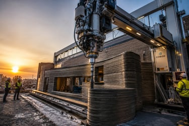 A COBOD 3D concrete printer constructing a residential building at a construction site during sunset.