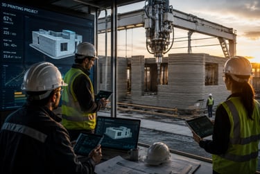 Engineers using digital tablets to monitor a 3D concrete printer building a modern house at a construction site.