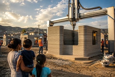 A family watches a large 3D house printer constructing a concrete home on a modern construction site.