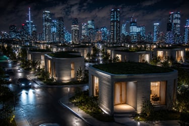 Modern 3D printed sustainable homes with green roofs at night against a glowing city skyline.