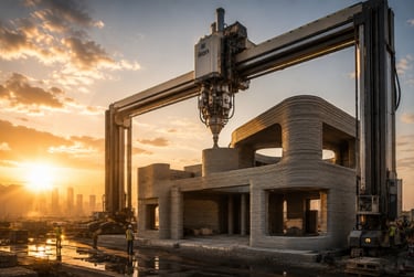 A large industrial 3D concrete printer building a modern house at a construction site during a golden sunset.
