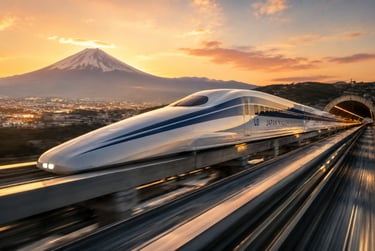A high-speed Japan Maglev bullet train traveling past Mount Fuji at sunset.