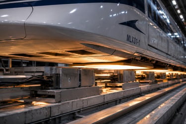 A high-speed maglev train levitating above glowing magnetic rails inside a modern maintenance facility.