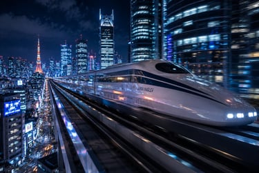 A high-speed Japan Maglev bullet train speeding through the neon-lit Tokyo skyline at night.