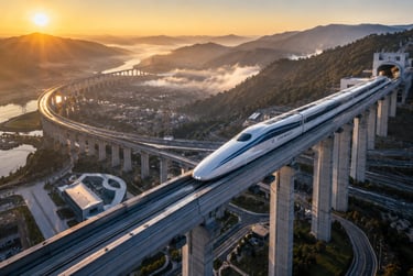 A high-speed maglev train travels on an elevated track through mountains at sunset.