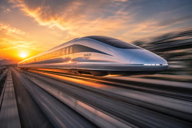 Modern high-speed maglev train speeding on tracks during a golden sunset.