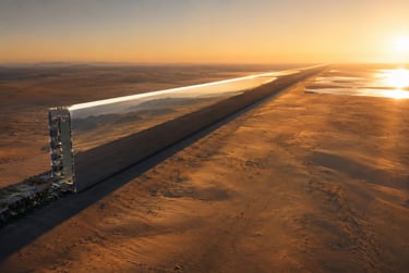 Aerial view of The Line project in Neom, Saudi Arabia, featuring a mirrored skyscraper across the desert at sunset.