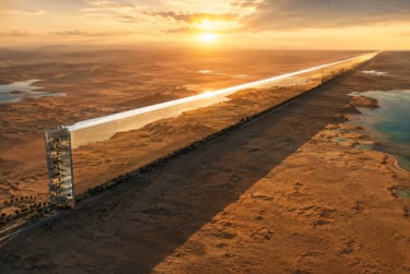 A futuristic mirrored skyscraper city extending across a desert landscape at sunset.