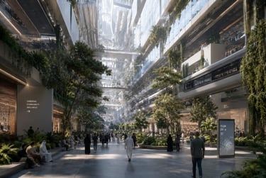 Futuristic sustainable city interior with lush vertical gardens, glass skyscrapers, and people walking.