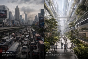 A side-by-side comparison of a congested traditional city with traffic and a futuristic green urban layout.
