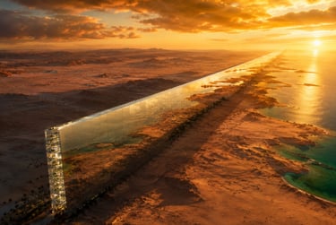Conceptual rendering of NEOM's The Line city stretching across the Saudi Arabian desert at sunset.