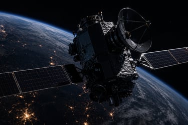 A communication satellite with solar panels orbiting Earth above city lights at night.