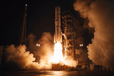 A space rocket launching from a launchpad at night with bright orange fire and white smoke.