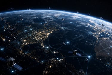 A global satellite network orbiting Earth at night with glowing data connections and city lights.
