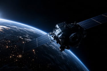 A communication satellite with solar panels orbiting Earth at night with city lights visible.