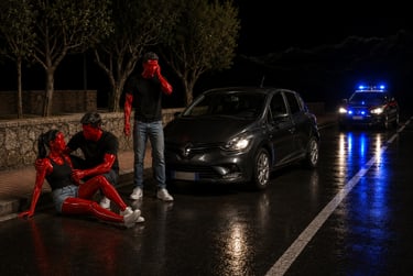 Red-skinned figures at a car accident scene on a wet night with a police car approaching.