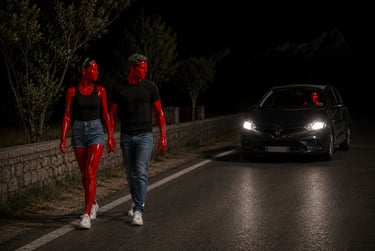 Surreal scene of two red skin-colored figures walking along a dark roadside as a car approaches with headlights on.