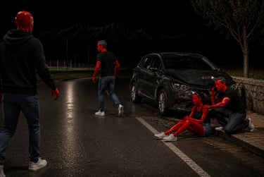 Red-skinned figures at a night car accident scene with a damaged black vehicle and emergency caller.