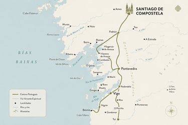 Mapa de las variantes del Camino Portugués en Galicia