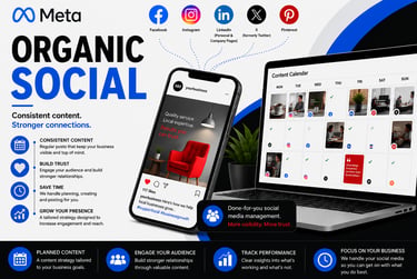An image promoting "Organic Social" services, displaying a laptop with a content calendar, a smartphone showing an Instagram