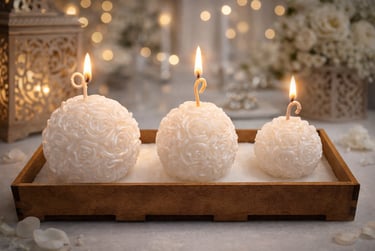 Three white rose-shaped decorative candles glowing in a wooden tray with bokeh fairy lights background.