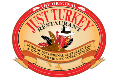 Just Turkey Restaurant logo featuring a cartoon turkey in a hat, famous for BBQ turkey ribs and burgers.