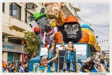 Colorful Rethymno carnival parade with costumes and large floats