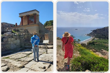 Visitor exploring the ruins of Knossos and a woman overlooking a scenic Cretan coastal bay.