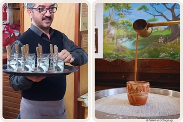 Manioros restaurant: submarine sweets with water glasses and Greek coffee being poured