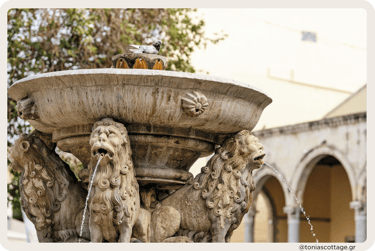 Close view of the Morosini Fountain, Lion Fountain, located in the main square of Heraklion
