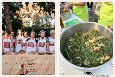Cretan woman smiling while presenting a fresh greens at a village outdoor cooking event