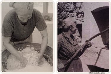 Vintage photos of Cretan women preparing zymostra sourdough starter and kneading bread dough