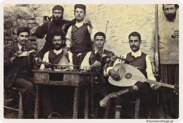 Vintage photo of Cretan villagers with instruments