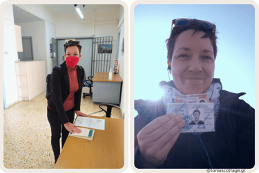 Tonia signing documents at an office and proudly holding a new Greek citizenship ID