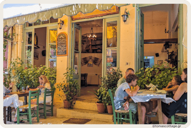 Colorful entrance of an Archanes restaurant, offering traditional Cretan cuisine