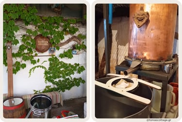 Distilling raki at Rakokazano tou Leonida in Alagni Village, Crete