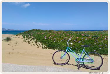 A bicycle parked on a sandy beach in Crete