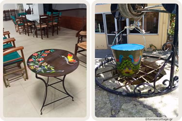 Painted table with poppies and flowerpot well art, Crete village