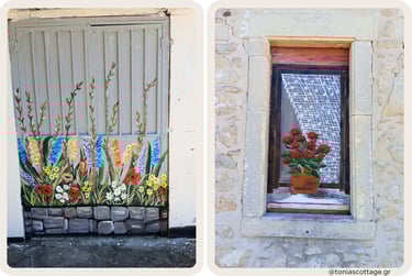 Wildflower mural door and painted window geraniums, Crete village