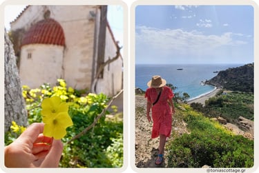 Spring in Crete: wildflower by a village chapel and woman hiking above a turquoise beach